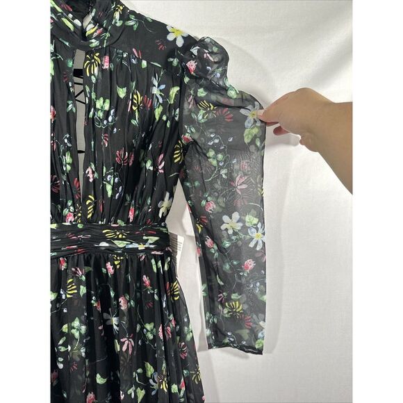 NWT $598 MAC DUGGAL [ 6 ] Chiffon Floral Hi Neck Puff Sleeve‎ Gown Black - Picture 12 of 16